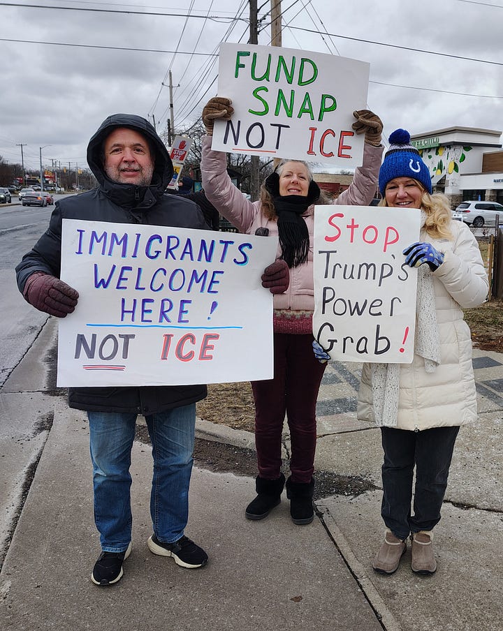 A series of four photographs of protesters at an event in the Nora neighborhood of Indianapolis on January 17, 2026.