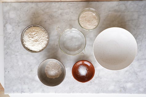 Sourdough Bread step by step showing all ingredients, then autolyse then folding and scoring