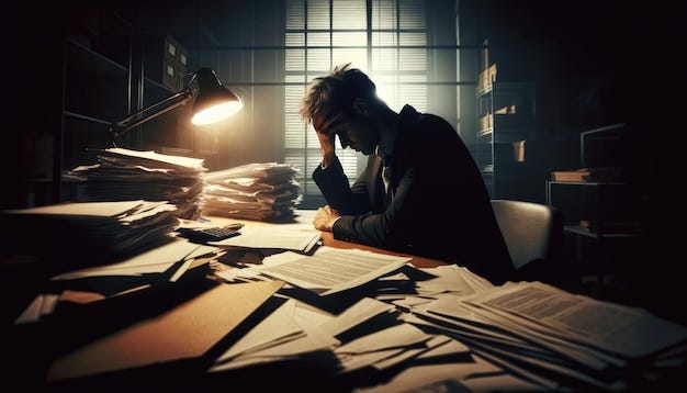 A stressed man sitting in a dimly lit office surrounded by towering stacks  of paperwork and scattered crumpled papers | Premium AI-generated image