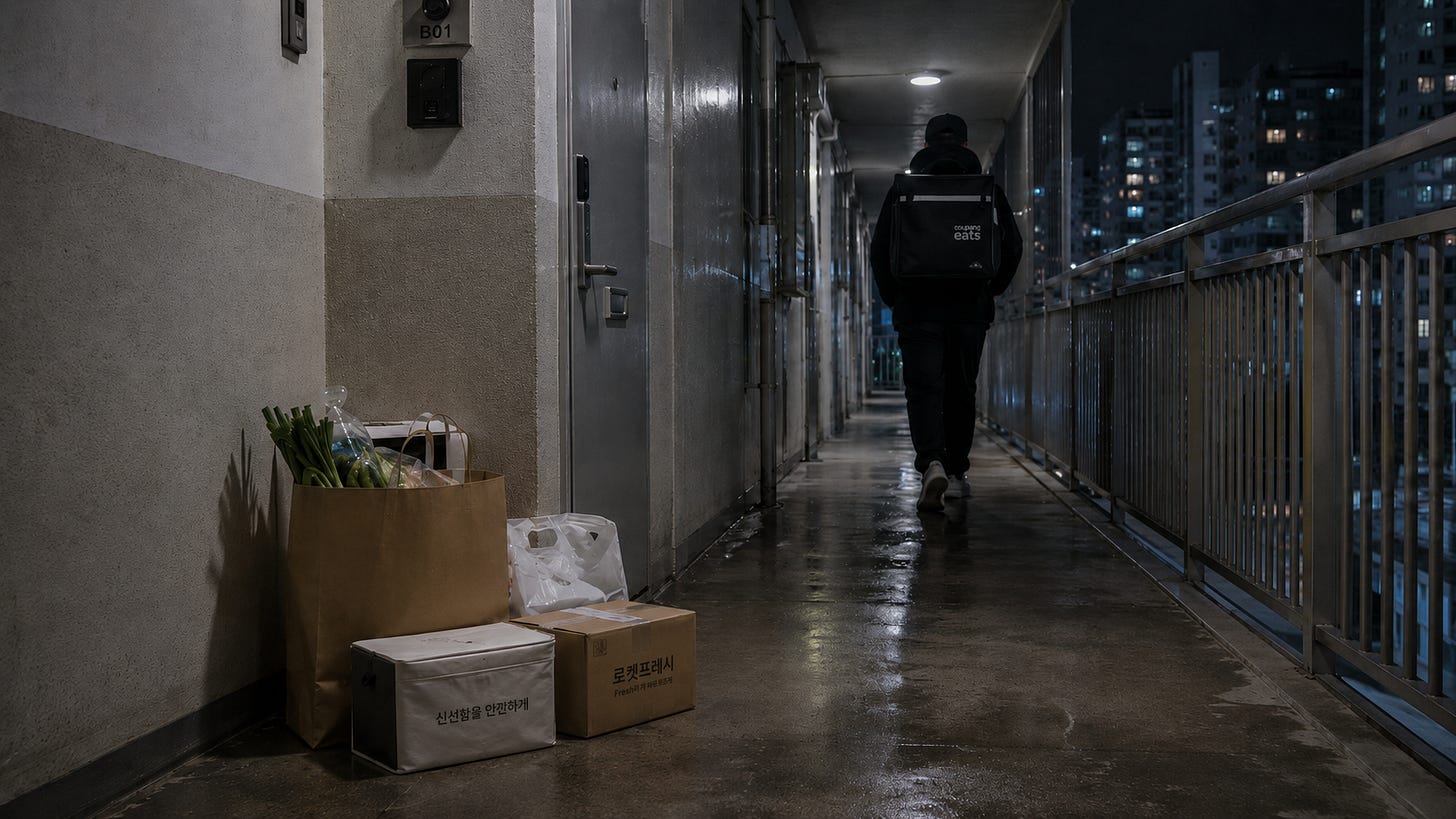 A nighttime scene in a Korean corridor-style apartment building. Neatly delivered groceries and packages sit outside an apartment door, including a paper grocery bag, plastic bags, an insulated box, and a parcel. A delivery worker with a large backpack walks away down the wet, dimly lit corridor, with high-rise apartment lights visible beyond the railing. A nighttime scene in a Korean corridor-style apartment building. Neatly delivered groceries and packages sit outside an apartment door, including a paper grocery bag, plastic bags, an insulated box, and a parcel. A delivery worker with a large backpack walks away down the wet, dimly lit corridor, with high-rise apartment lights visible beyond the railing.