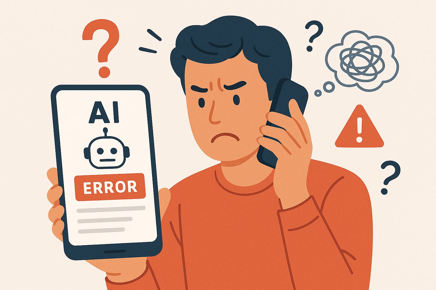 A frustrated customer on phone looking at their mobile device screen showing a failing AI chatbot interface, with error messages and confusion icons, representing AI customer service failures