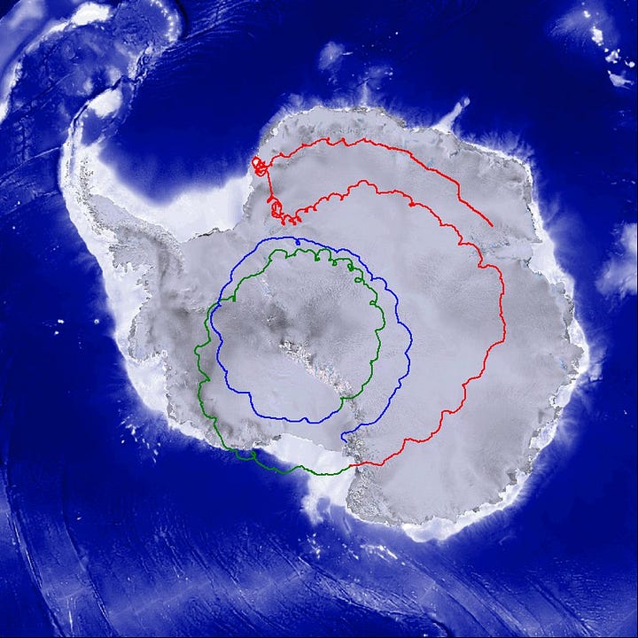 At left the route according to the original plan (Super-Pressure balloon launched on early December) at right the final route after shifting to a Zero-Pressure balloon and launching a month later.