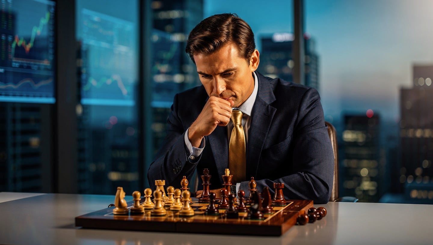 A professional and thoughtful chess player in a high-end, modern office with large windows. The player is leaning forward, hand on chin, deeply analyzing a wooden chessboard. The lighting is cinematic and focused, with soft bokeh in the background showing blurred financial stock charts and a city skyline at dusk. The atmosphere represents calm, strategic decision-making and wisdom. Hyper-realistic, 8k, elegant tones of mahogany, navy blue, and soft gold.