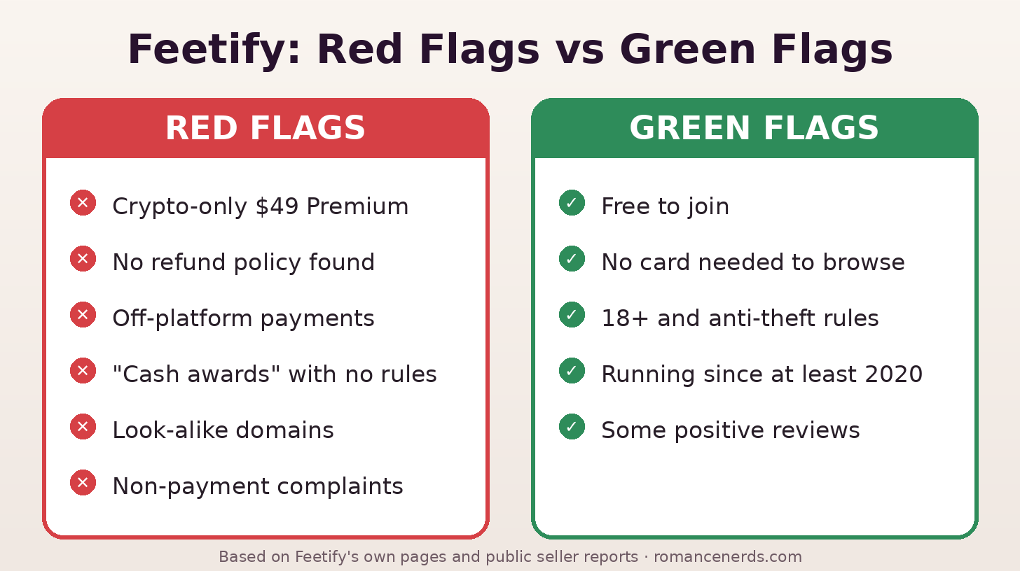 Red flags vs green flags for Feetify, comparing crypto-only Premium and off-platform payments with free signup and clear content rules Red flags vs green flags for Feetify, comparing crypto-only Premium and off-platform payments with free signup and clear content rules