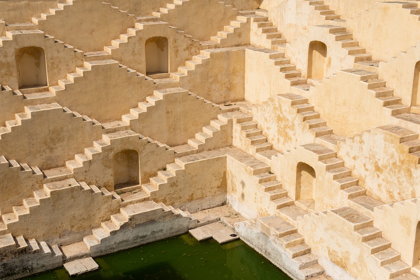 Intricate geometric staircases in, I think, an Indian palace or temple. Not, in fact, my Gran's house. 