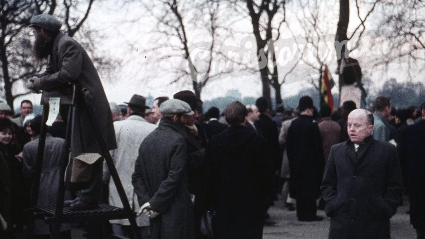 Various speakers at Hyde Park, London, 1961.