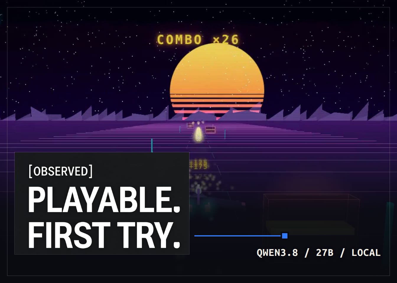 A real Qwen3.8 27B synthwave gameplay frame dominates the image, with an observed playable first-attempt result overlaid at the bottom.