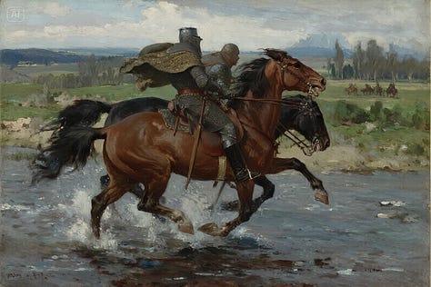 "Oil painting of knights on horseback crossing a river, with flowing capes, splashing water, and dramatic skies." - by GPT-4o, Imagen 4, and Seedream 3.0 image models