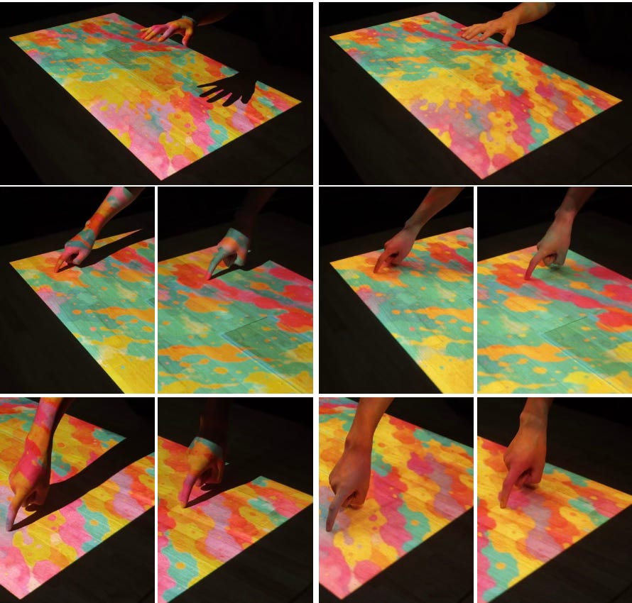 This is a set of before-and-after images.  A hand reaches across a projected image.  In the "before" image, you see the projection on the hand; in the "after" you don't.