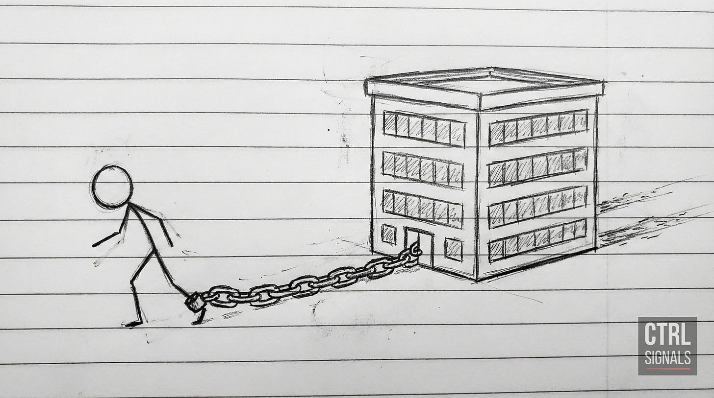 Black and white sketch of a stick figure walking away from an office building while a heavy chain connects the figure’s ankle to the building, symbolizing feeling tied to work.