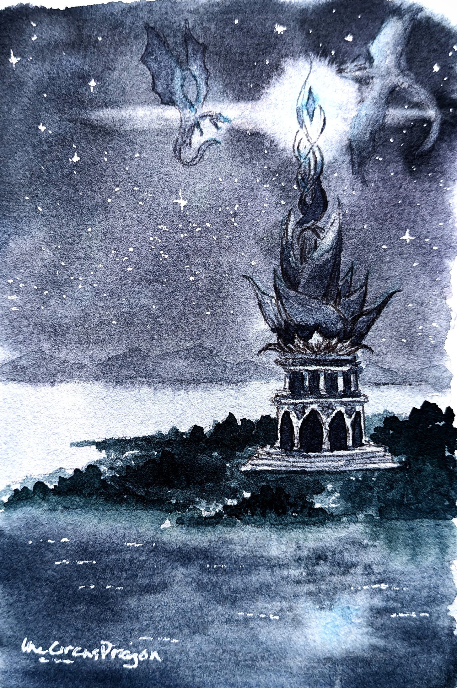 Watercolor illustration of a towering plant-like structure with pale stone petals and a luminous blue center. A black dragon perches atop the bloom while vibrant green vegetation surrounds its base beneath a dramatic, cloud-filled sky.