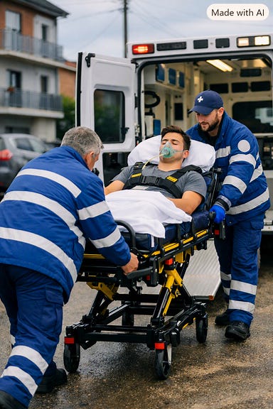 Ambulancier placé au pied du brancard en train de pousser, second ambulancier à casquette à la tête du patient, scène réaliste en banlieue avec ambulance blanche Ambulancier placé au pied du brancard en train de pousser, second ambulancier à casquette à la tête du patient, scène réaliste en banlieue avec ambulance blanche