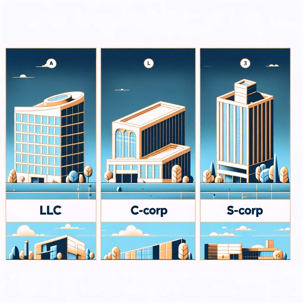 Create three separate and simple images that represent the distinct types of corporations: one for an LLC, one for a C-Corp, and one for an S-Corp. For the LLC, depict a flexible, adaptable structure; for the C-Corp, illustrate a large, expansive corporate building; and for the S-Corp, show a smaller, community-focused business environment. Each image should be clear and embody the unique attributes of these business structures, using a minimalist style and a coherent color scheme.