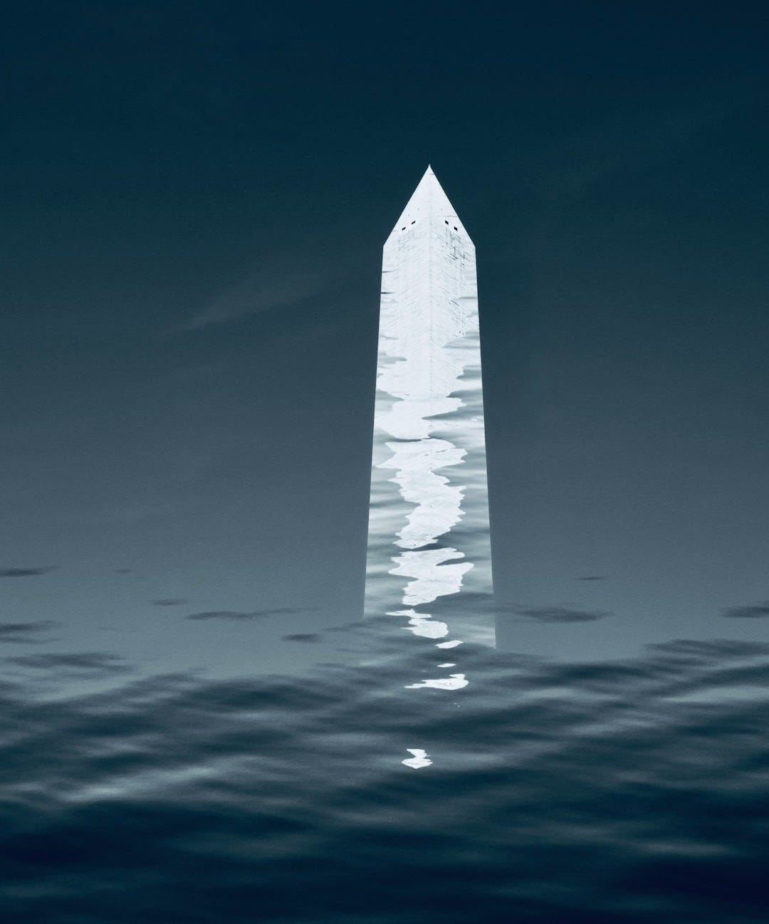 A white obelisk rises from dark, wavy water A white obelisk rises from dark, wavy water
