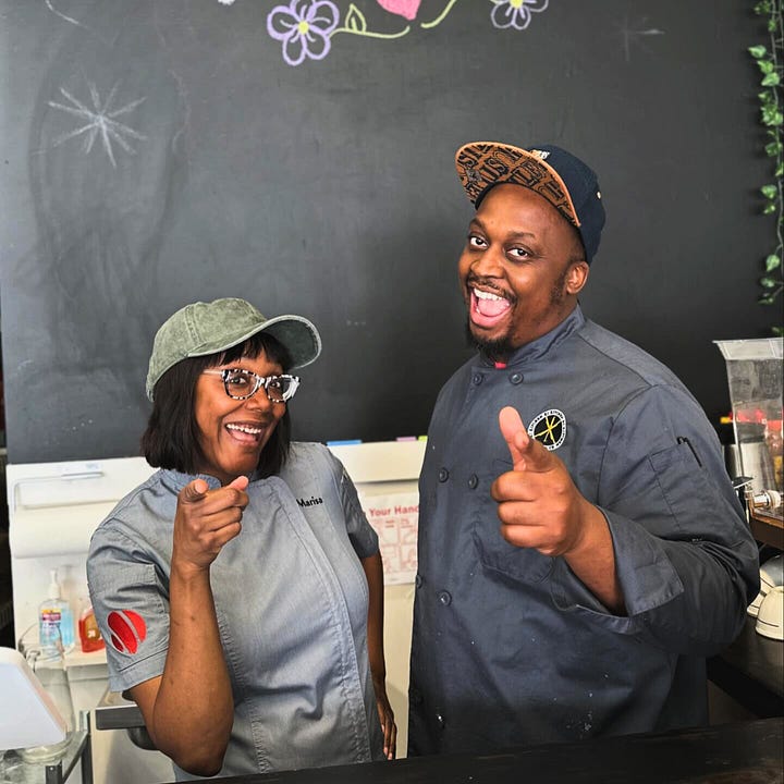 Two chefs, Marisa and Kevin, sharing playful energy—one photo shows them smiling and pointing at the camera in chef coats, and the other shows them mid-jump outside a restaurant, laughing together.