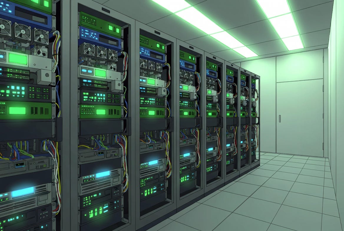 A cartoonish illustration of a data centre interior with server racks and blinking lights in a greenish-lit room.