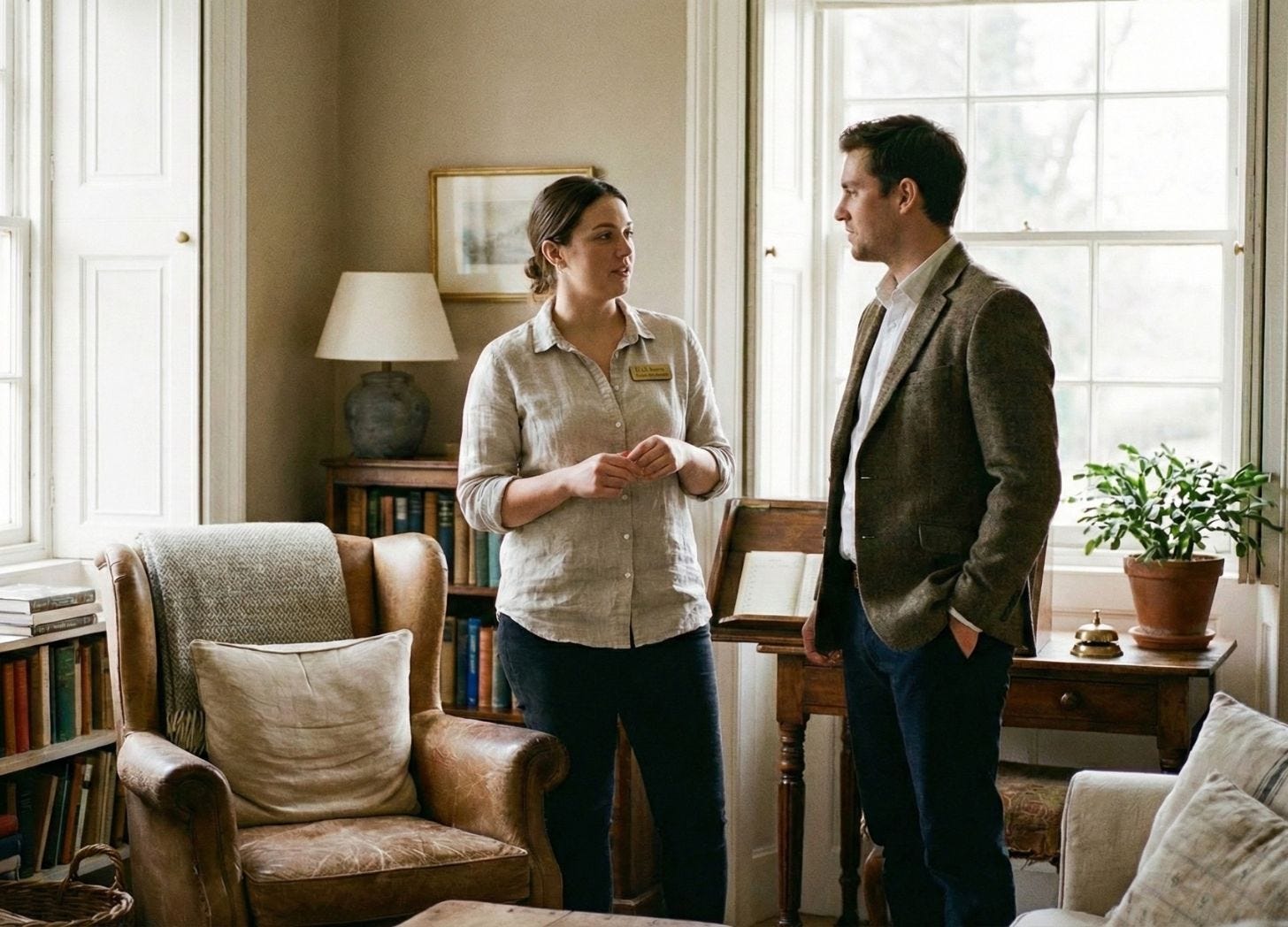 A hospitality staff member and manager sharing a quiet conversation in a warm boutique lodging interior. A hospitality staff member and manager sharing a quiet conversation in a warm boutique lodging interior.