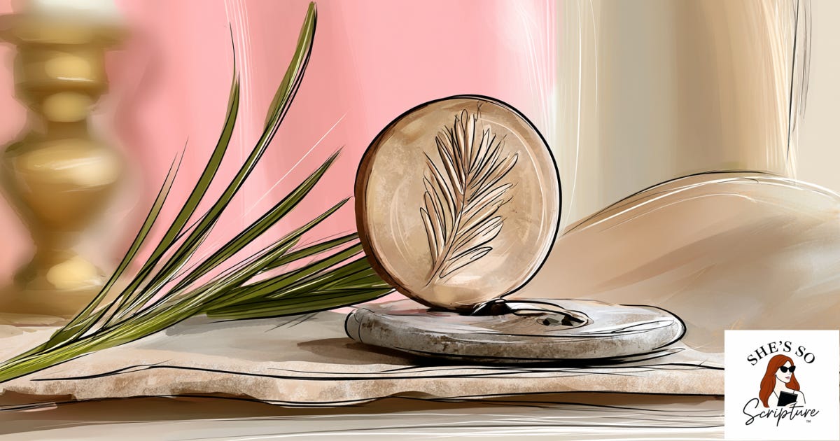 An ancient coin stamped with a palm branch beside a single palm frond on aged parchment, representing the centuries of Jewish coinage that carried this symbol from the Maccabean revolt through the first century.