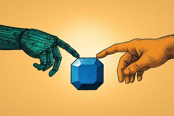 A wide-format drawing inspired by Michelangelo's "Creation of Adam", featuring two arms reaching toward each other. The digital arm is on the left, and the human arm is on the right. Instead of touching fingers, they both touch the top corners of a sapphire with an octagonal cut, which is lowered slightly in the composition. The sapphire is a lighter and brighter blue, with a more dramatic halo ring of light emanating from it, signifying that it is the focus of the drawing and that it has just appeared. The sapphire symbolizes the creative potential of human-AI collaboration.