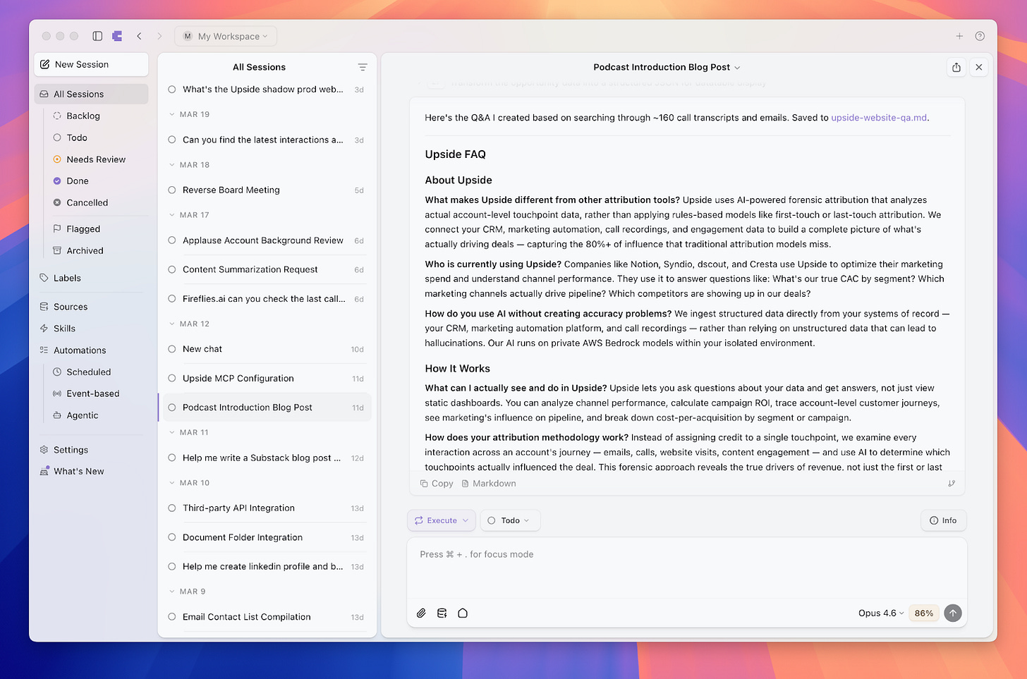 Craft Agents interface showing sessions and workspace Craft Agents interface showing sessions and workspace