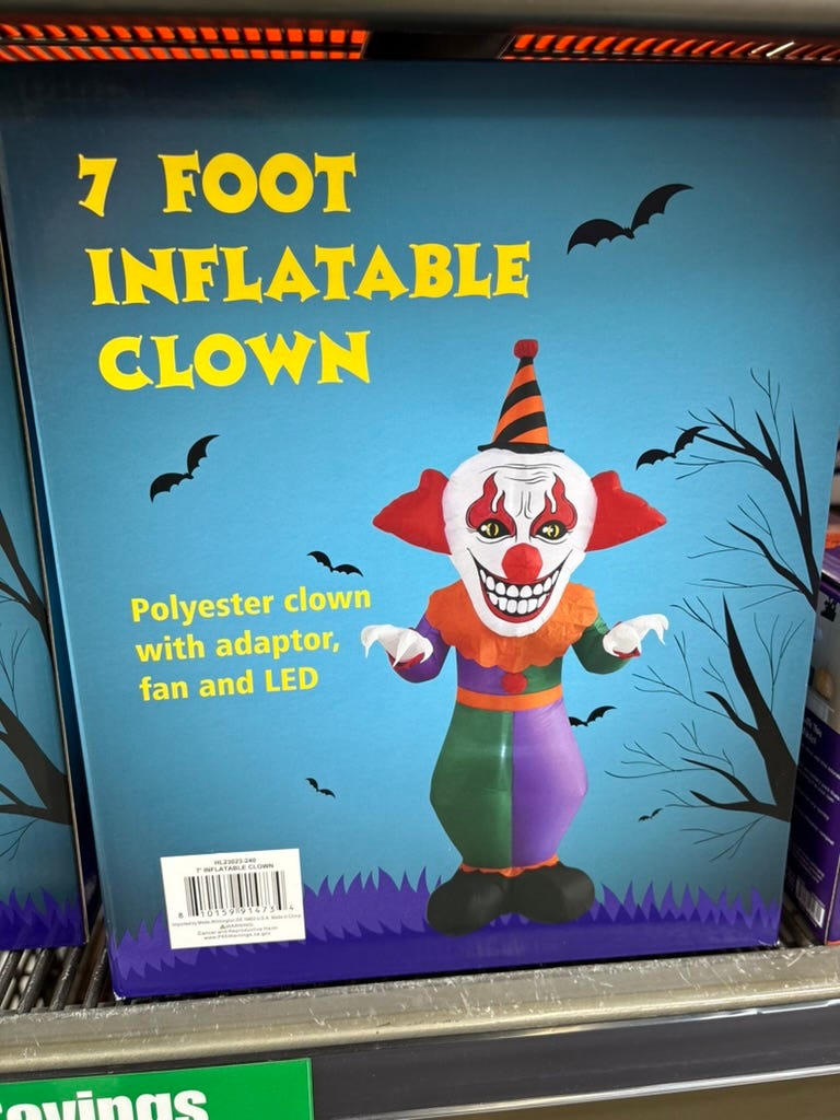 A box for a 7 foot inflatable clown halloween decoration.