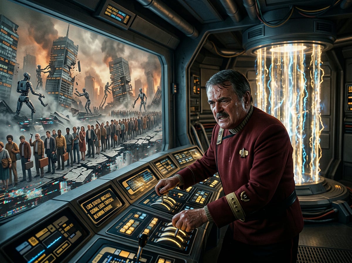 A man in a futuristic red uniform named Scotty operates a complex control panel inside a high‑tech control room. Behind him, a cylindrical chamber emits bright electrical energy. Through a large window, a dystopian city is visible with buildings on fire, giant robots attacking, and long lines of people walking in single file. Warning messages on the control panel read “Lock Status: Inoperable,” “Signal Loss: Critical,” and “Receiving Errors.”