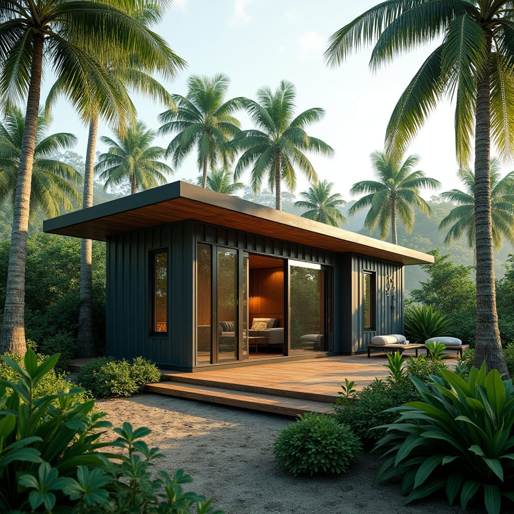 A sleek, eco-friendly container house in Jamaica, designed with modern aesthetics and sustainability in mind. The home is constructed from repurposed shipping containers, featuring large windows for natural light and ventilation. Solar panels line the roof, providing clean energy, while rainwater harvesting tanks are discreetly placed around the structure. The exterior is a blend of steel, wood accents, and glass, creating a harmonious balance between industrial chic and eco-conscious design. Minimal greenery surrounds the house, with palm trees swaying gently in the tropical breeze, set against a serene Jamaican landscape. Sustainable living, modern container design, tropical eco-home.