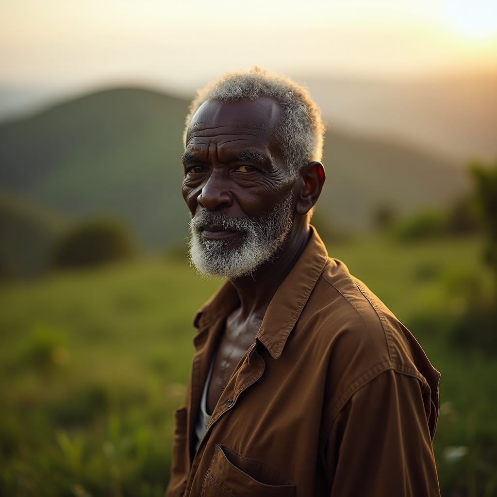 Warmly lit, dignified portrait of a beautiful, elderly black Jamaican landowner, clad in traditional attire, standing proudly in front of rolling hills and lush green pastures, with a gentle,