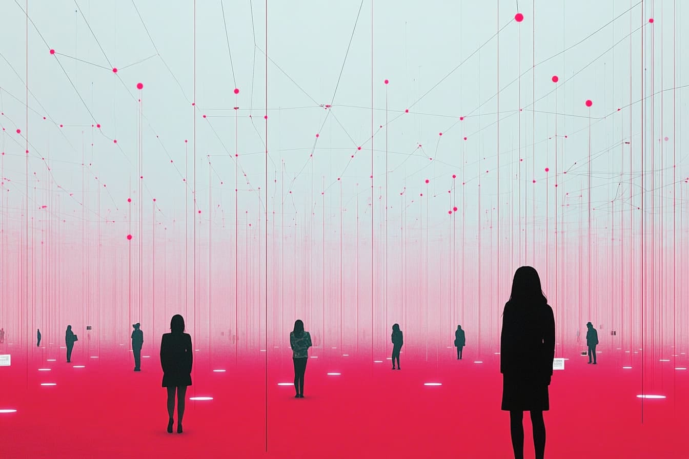 silhouettes of people standing on a red floor connected by lines and wires