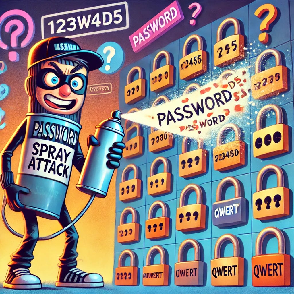 A cartoon-style illustration depicting the concept of a password spray attack. A mischievous hacker character stands with a spray can labeled 'passwords,' spraying common passwords like '123456,' 'password,' and 'qwerty' at a wall of digital locks. Each lock represents a user account. Some locks appear unaffected, while one or two look like they're about to open, illustrating the idea that a few accounts might be vulnerable. The background includes symbols like question marks and exclamation points to add a sense of suspense. The mood is educational yet playful, with bright colors and exaggerated expressions.