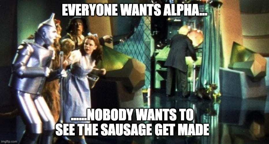 Wizard of Oz "man behind the curtain" meme showing Dorothy, the Scarecrow, Tin Man, and Cowardly Lion watching the Wizard exposed at his control panel, captioned "Everyone wants alpha, nobody wants to see the sausage get made", opening the Pilgrim's Pride (PPC) deep dive post-mortem about closing a commodity chicken stock position at a 15.7% loss.