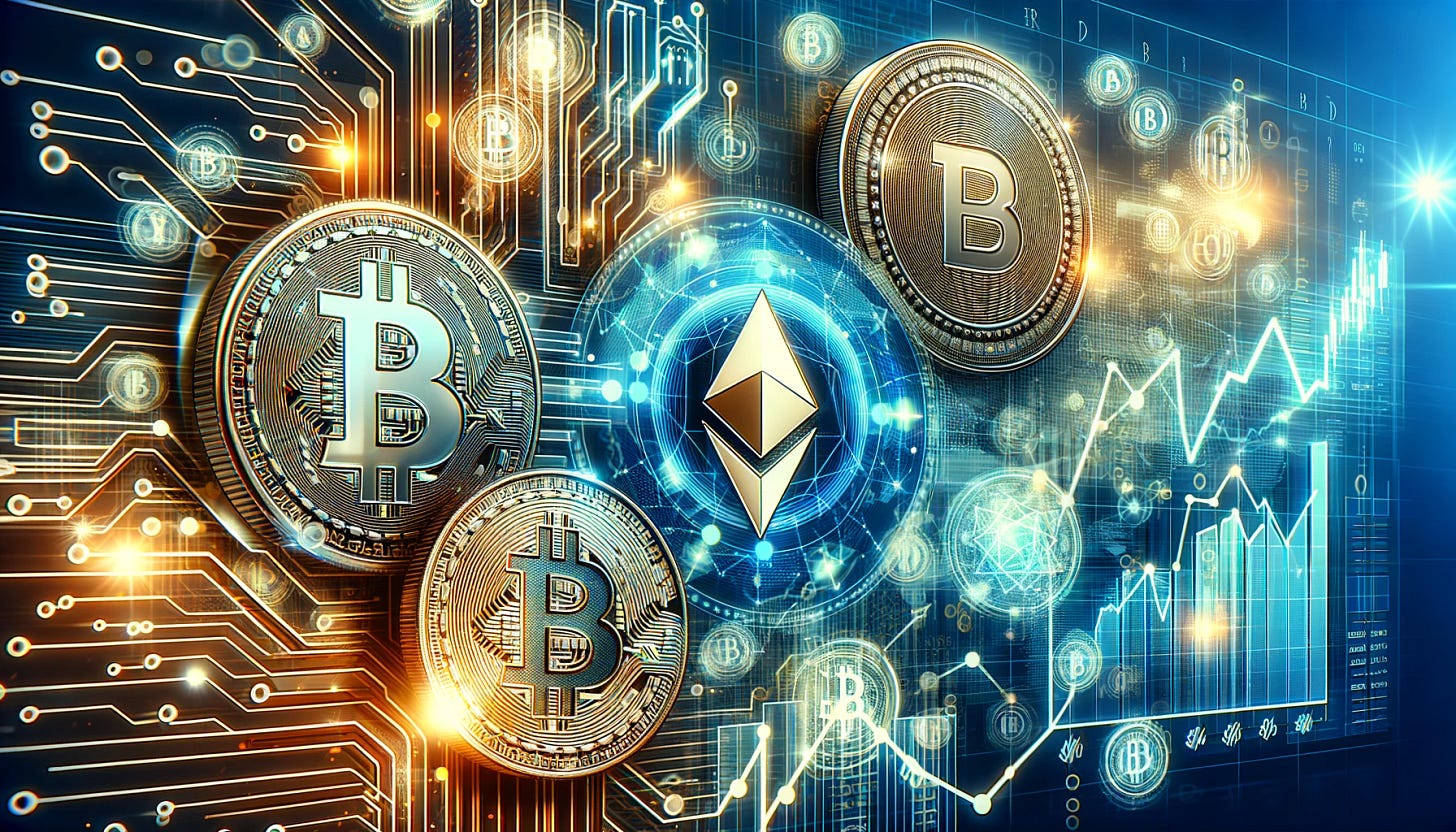 A dynamic and modern hero image for a financial blog article, featuring a collage of cryptocurrency symbols like Bitcoin and Ethereum, a blockchain network illustration, and a graph showing market trends. The image should convey a sense of digital finance, innovation, and market analysis. The overall tone should be professional, engaging, and relevant to the themes of cryptocurrency, blockchain, and decentralized finance. Include visual elements like digital circuit patterns or abstract financial data representations to enhance the technological and financial theme.