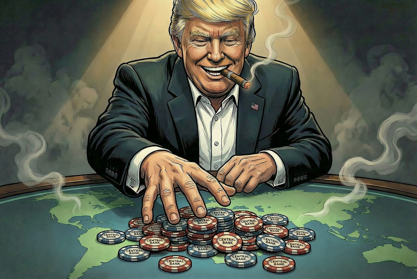 Donald Trump reaching for the pot of poker chips with a greedy smile