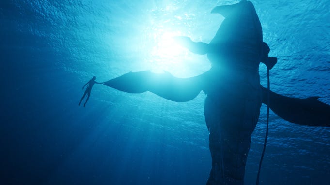 An epic shot of one of Avatar 2's many whale pals
