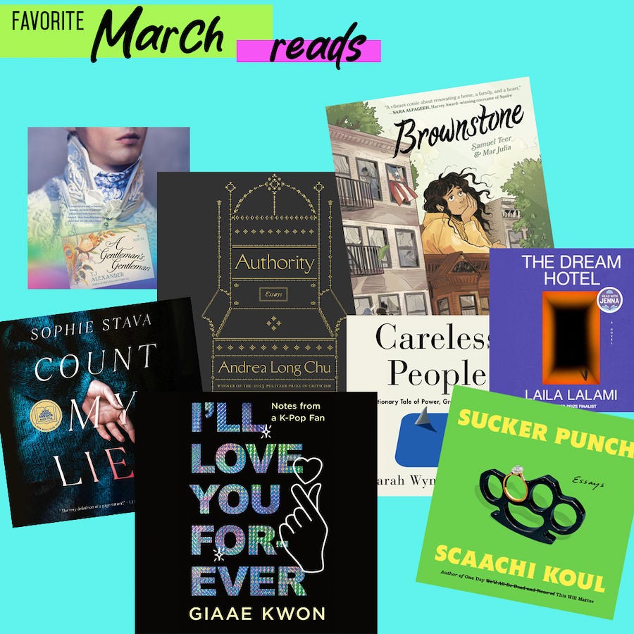 book covers dumped on top of each other with text saying "favorite March reads"