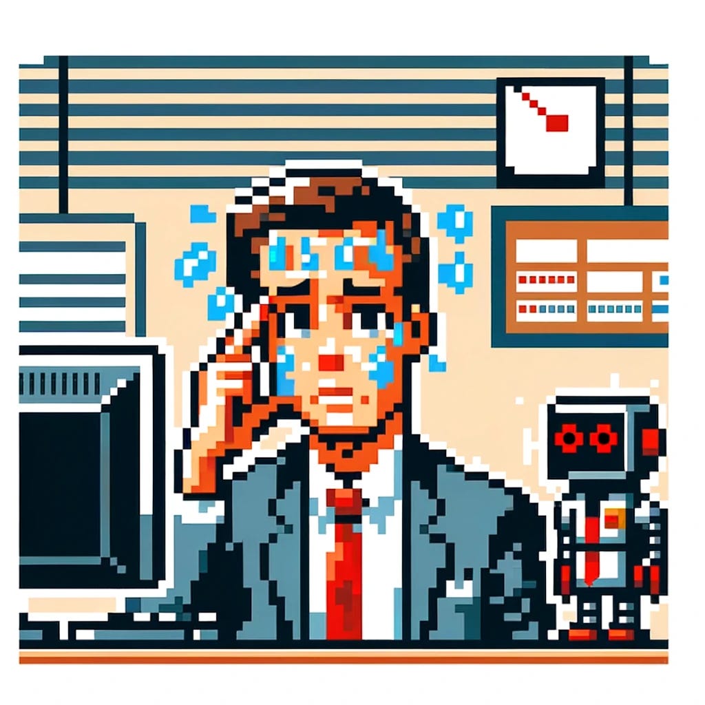 A pixel art image of a manager sweating about a decision, with a small robot standing next to them. The manager should be depicted in an office environment, looking concerned and indecisive, with visible sweat droplets on their forehead. The robot should look supportive or offering advice. The image should embody a classic 8-bit video game aesthetic, maintaining a small aspect ratio.