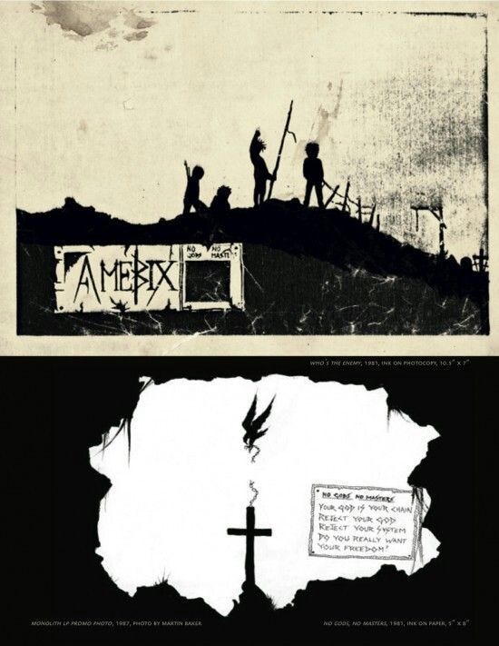 This may contain: two pages with black and white images of people standing on top of a hill next to a cross