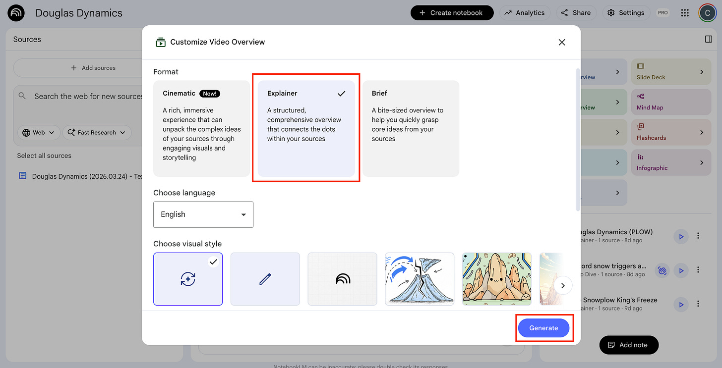 NotebookLM and Gemini analyzing a research report on Douglas Dynamics (PLOW)