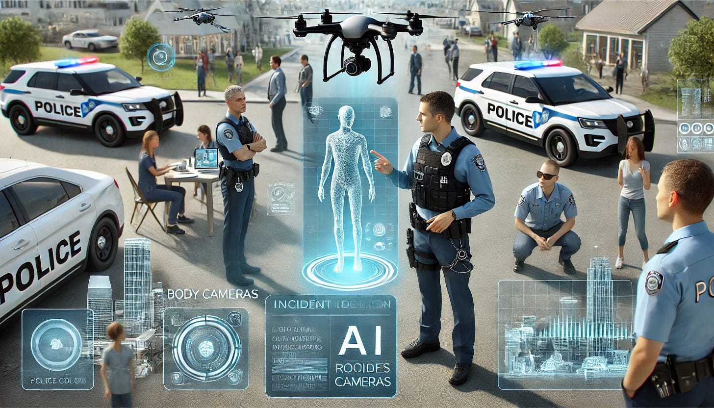A modern, futuristic city police force using advanced technology. Police officers are shown interacting with holographic AI interfaces, body cameras, and drones. One officer is speaking with a citizen while an AI-powered screen records and transcribes the conversation. Another officer is reviewing incident data on a floating transparent screen. The scene includes police drones flying overhead and smart patrol vehicles in the background. The environment is clean, safe, and community-focused, with people calmly interacting in the background. The image has a professional, sleek, and futuristic aesthetic, with blue and silver tones dominating the palette.