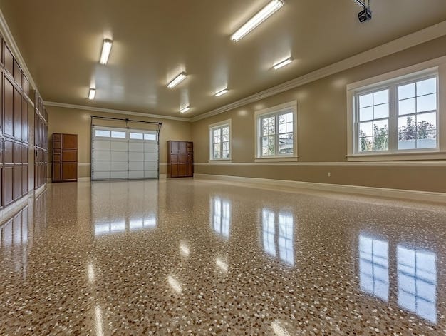 a spacious and welllit garage with polished flooring and large windows