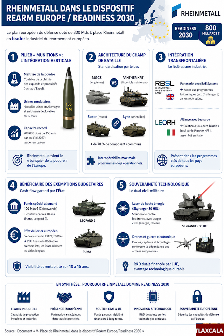 Infographie structurée en cinq blocs expliquant la place de Rheinmetall dans le plan ReArm Europe / Readiness 2030, doté de 800 milliards d’euros. Le premier bloc présente le pilier des munitions, avec la maîtrise de la poudre, les usines modulaires et l’objectif de 700 000 obus de 155 mm par an d’ici 2027. Le deuxième décrit l’architecture du champ de bataille, avec le duel MGCS / Panther KF51 et les véhicules Boxer et Lynx partageant plus de 70 % de composants communs. Le troisième montre l’intégration transfrontalière à travers RBSL au Royaume-Uni et LEORH en Italie. Le quatrième détaille les garanties budgétaires, dont le fonds spécial allemand et l’effet de levier européen. Le cinquième présente la souveraineté technologique, avec le laser Skyranger 30 HEL, les drones et l’électronique de guerre. En bas, une synthèse résume les raisons de la domination de Rheinmetall : capacités industrielles, présence européenne, soutien public, innovation technologique et sécurisation des capacités de défense européennes. Infographie structurée en cinq blocs expliquant la place de Rheinmetall dans le plan ReArm Europe / Readiness 2030, doté de 800 milliards d’euros. Le premier bloc présente le pilier des munitions, avec la maîtrise de la poudre, les usines modulaires et l’objectif de 700 000 obus de 155 mm par an d’ici 2027. Le deuxième décrit l’architecture du champ de bataille, avec le duel MGCS / Panther KF51 et les véhicules Boxer et Lynx partageant plus de 70 % de composants communs. Le troisième montre l’intégration transfrontalière à travers RBSL au Royaume-Uni et LEORH en Italie. Le quatrième détaille les garanties budgétaires, dont le fonds spécial allemand et l’effet de levier européen. Le cinquième présente la souveraineté technologique, avec le laser Skyranger 30 HEL, les drones et l’électronique de guerre. En bas, une synthèse résume les raisons de la domination de Rheinmetall : capacités industrielles, présence européenne, soutien public, innovation technologique et sécurisation des capacités de défense européennes.