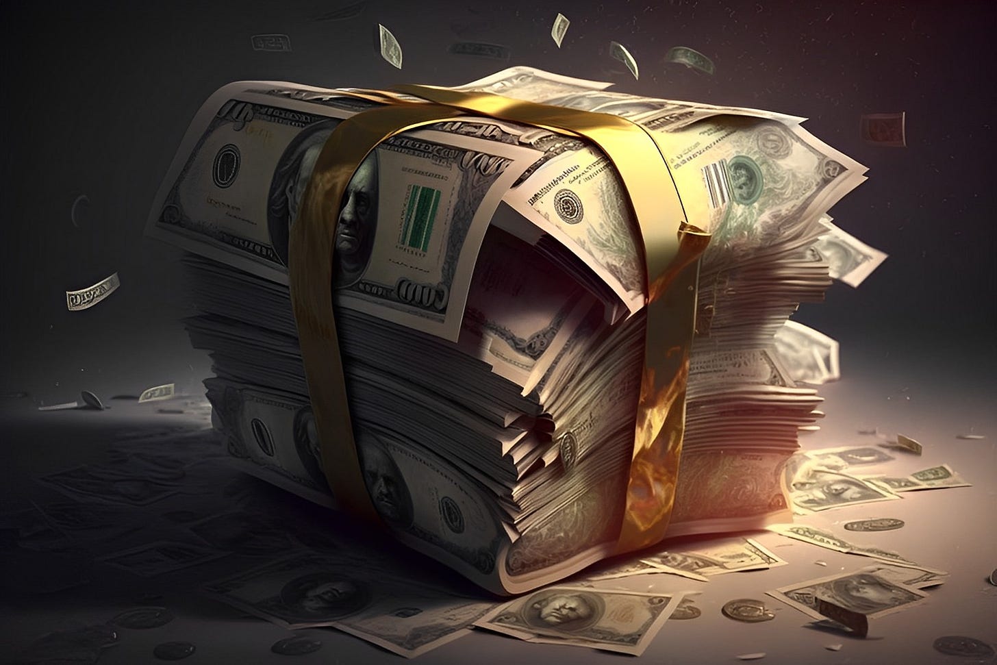 Close-up of a few stacks of dollar bills bunched together and tied with a golden tape.