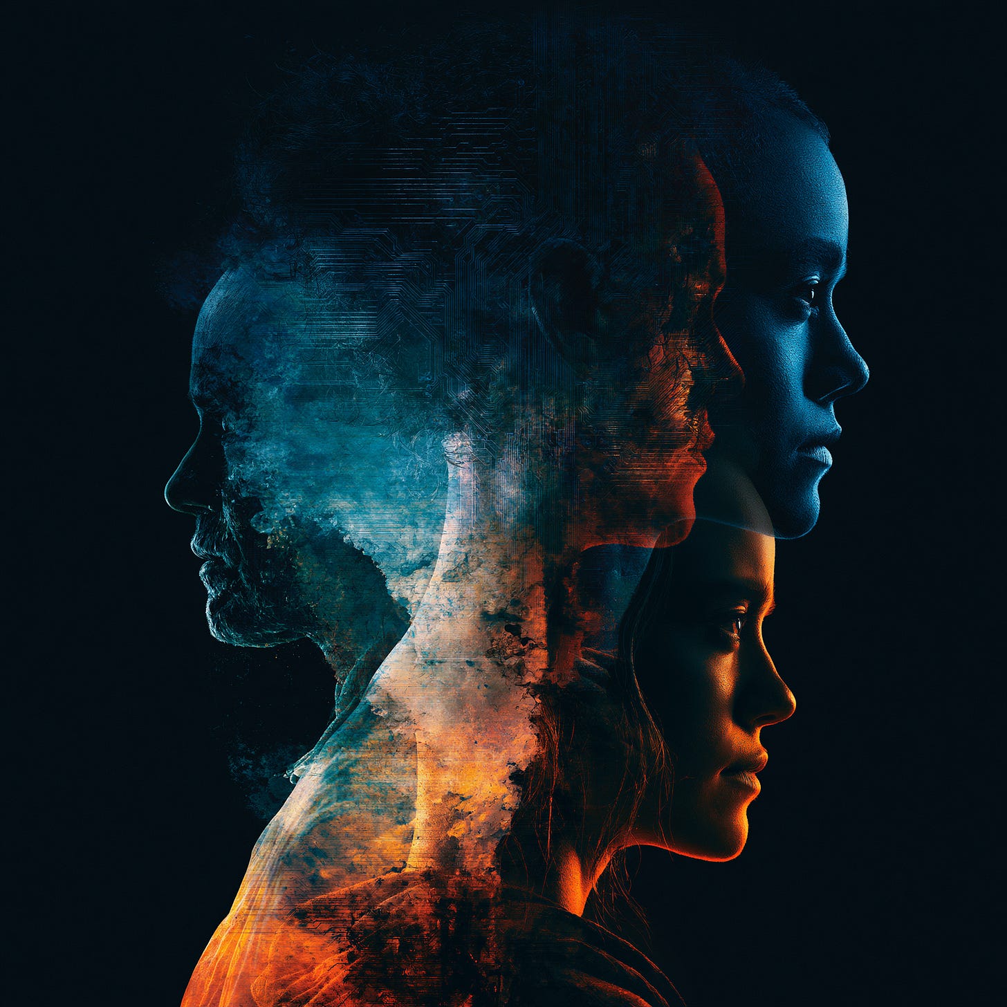 Three stacked translucent silhouettes, only the front one fully solid and warm-lit