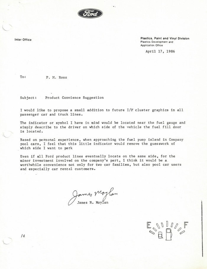 Memo from James Moylan to P.M. Ross suggesting the addition of a fuel-door indicator.