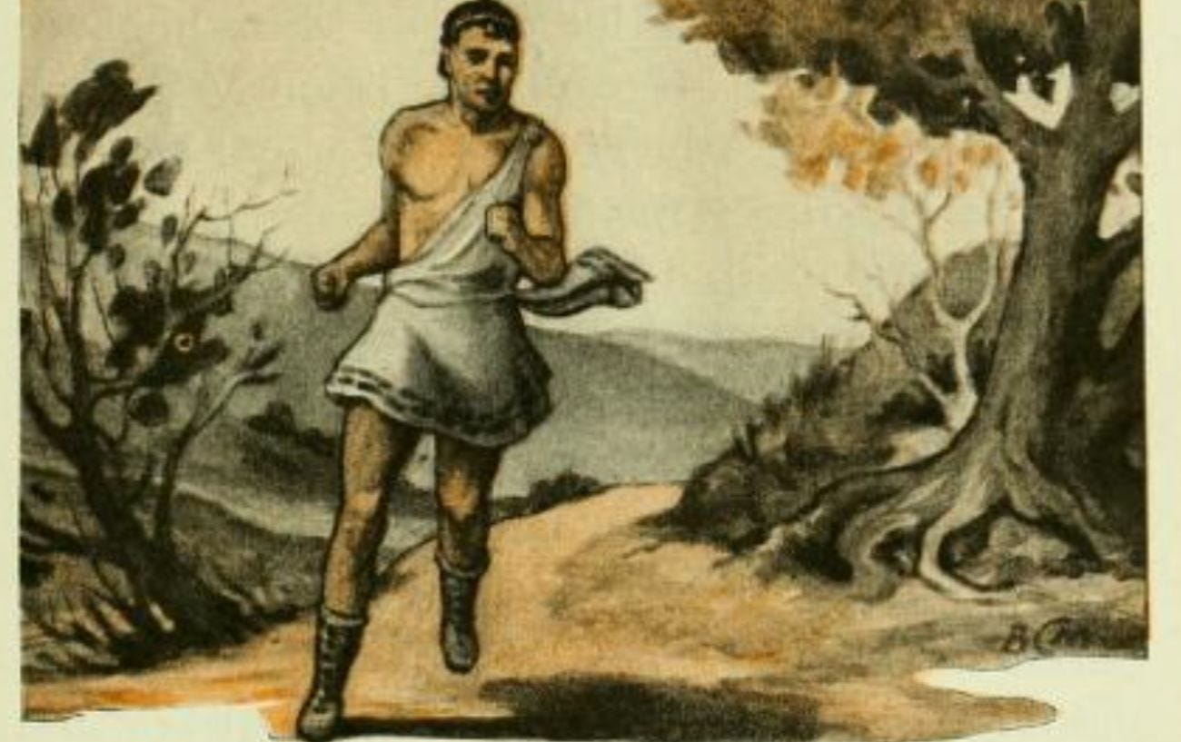 A drawing of Pheidippides, who ran the first marathon ever. A drawing of Pheidippides, who ran the first marathon ever.