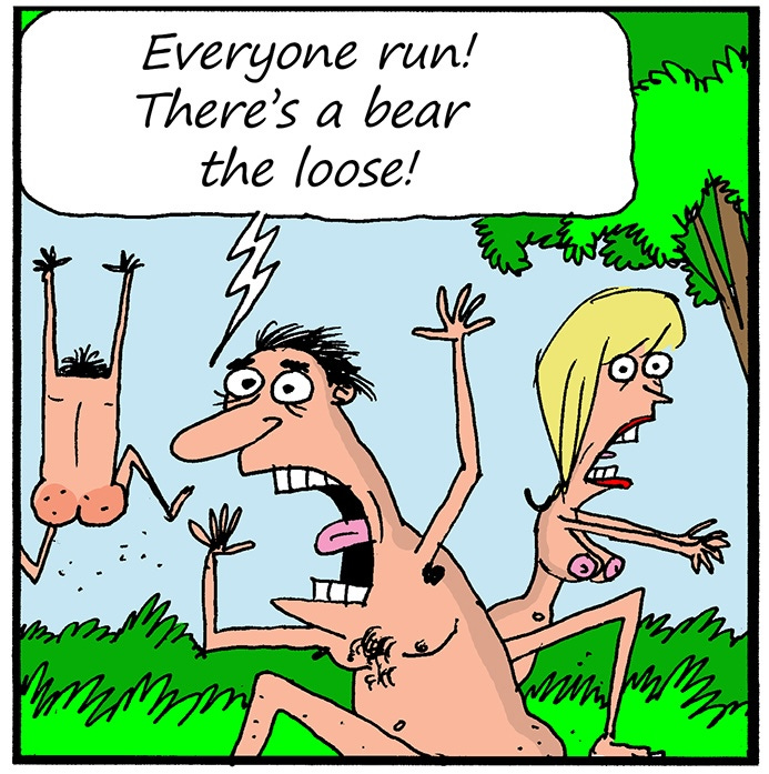 Panel 1: Nude people panic and run in different directions. One shouts, “Everyone run! There’s a bear the loose!”