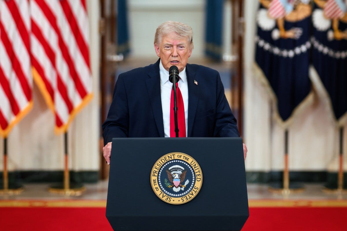 President Donald Trump delivers an address to the nation, Wednesday, April 1, 2026, in the Cross Hall of the White House. (Official White House Photo by Daniel Torok) President Donald Trump delivers an address to the nation, Wednesday, April 1, 2026, in the Cross Hall of the White House. (Official White House Photo by Daniel Torok)