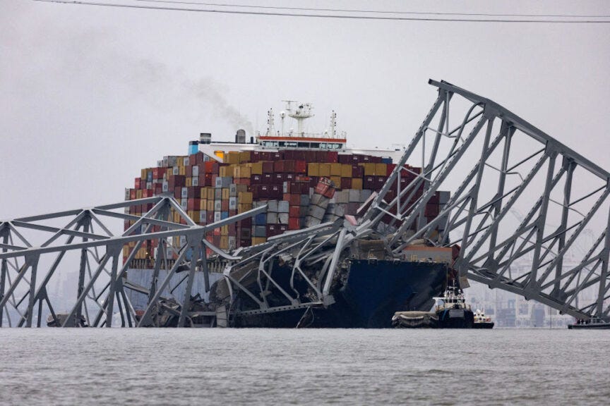 BALTIMORE, MARYLAND - MARCH 27: Workers continue to investigate and search for victims after the cargo ship Dali collided with the Francis Scott Key Bridge causing it to collapse yesterday, on March 27, 2024 in Baltimore, Maryland. Two survivors were pulled from the Patapsco River and six missing people are presumed dead after the Coast Guard called off rescue efforts. A work crew was fixing potholes on the bridge, which is used by roughly 30,000 people each day, when the ship struck at around 1:30am on Tuesday morning. The accident has temporarily closed the Port of Baltimore, one of the largest and busiest on the East Coast of the U.S. (Photo by Scott Olson/Getty Images)