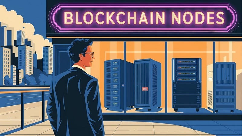 An illustration of a man window shopping servers for blockchain nodes