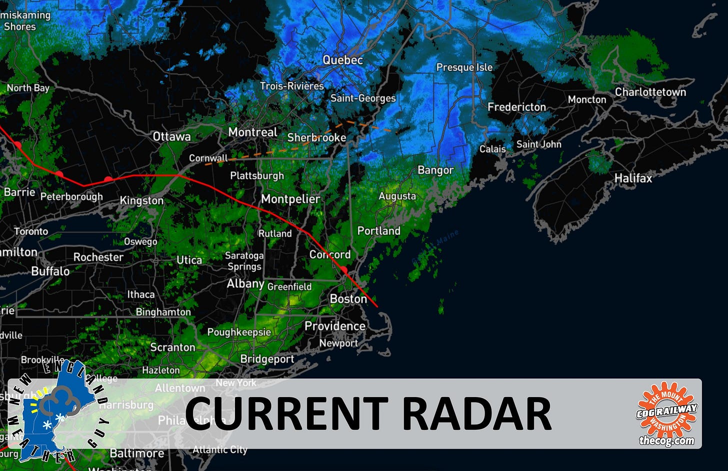 May be an image of map, tornado and text that says 'miskaming Shores North Bay Quebec Presque| Isle Trois-Rivieres Saint Saint-Georges Ottawa s/a Montreal Cornwall Sherbrooke Barrie Peterborough Fredericton Moncton Charlottetown Plattsburgh gh Kingston Toronto Calais SaintJohn milton Bangor Montpelier Augusta Oswego Rochester Buffalo Rutland Utica Halifax rie Portland Saratoga Springs Ithaca Concord dville Albany Greenfield Binghamton Brookyi Boston Poughkeepsie Scranton Hazleton Providence Newport Bridgeport ourg Allentown NewYork Harrisburg Phila CURRENT RADAR AttanticCity Baltimore MOUN c COGRAILWAY VẤY จา thecog.com'